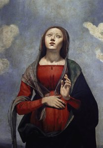 Neitsyt Maria Pyhän Hengen kyyhkynen yläpuolellaan kuuden pyhän ympäröimänä. yksityiskohta (öljy kankaalle, n. 1505)