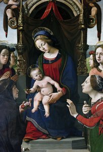 Neitsyt ja lapsi valtaistuimella pyhien ympäröimänä, yksityiskohdat (öljy ja tempera taulussa, noin 1493) tekijältä Piero di Cosimo