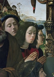 Neitsyt ja lapsi valtaistuimella pyhien ympäröimänä, yksityiskohdat (öljy ja tempera taulussa, noin 1493) tekijältä Piero di Cosimo