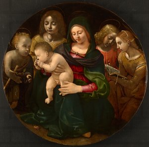 Neitsyt ja lapsi nuoren Johannes Kastajan, Pyhän Cecilian ja enkelien kanssa. tekijältä Piero di Cosimo