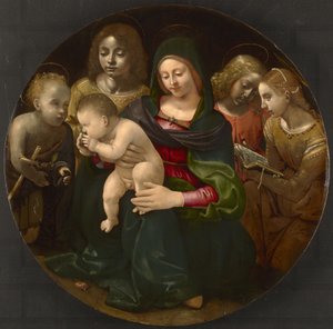 Neitsyt ja lapsi nuoren Pyhän Johannes Kastajan, Pyhän Cecilian ja enkelien kanssa, n. 1505 tekijältä Piero di Cosimo