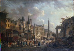 Tivolinäytös kuvitteellisessa risteyksessä Pariisissa, noin 1770 (öljy kankaalle).