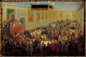 Ludvig XV:n pyhän juhla Reimsin arkkipiispan palatsissa 25. lokakuuta tekijältä Pierre Denis Martin