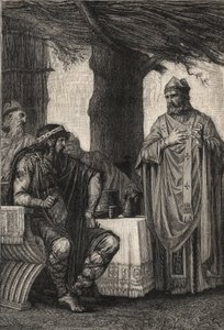 Toursin pyhä Gregorius (538-594) (Gregory of Tours) vastassaan Chilperic I (539-584), Merovingien dynastian frankkien kuningas - Pierre Fritelin (1853-1942) kaiverrus. tekijältä Pierre (after) Fritel