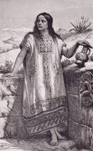 Nuori toltekkityttö, Claude-Joseph-Desire Charnayn teoksesta "Uuden maailman muinaiset kaupungit", julkaisu. 1887 (kaiverrus) tekijältä Pierre (after) Fritel