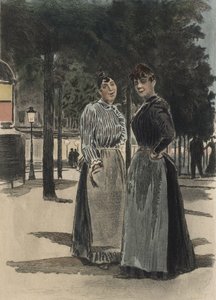Kaksi tavallista naista bulevardilla, kuvitus Octave Uzannen (1851-1931) La Femme a Paris -teoksesta 1894 (värikaiverrus) tekijältä Pierre (after) Vidal
