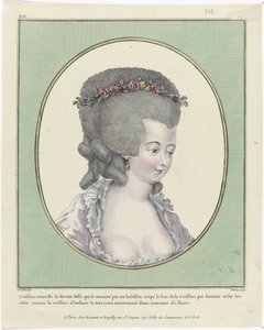 Kampaukset, puffit, hatut ja päälliset: yksitoista kampausta ja päähinettä Gallery of French Fashions and Costumes, 1781, oo 218: New Coëffure the front (...)