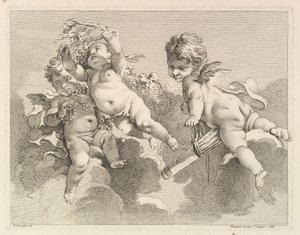 Kolme rakkautta, yksi kädessään värinä, toinen, viinirypäleet, 1727-60. tekijältä Pierre Alexandre Aveline