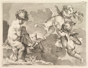 Kolme rakkautta, joista yksi istuu, kädessään nuoli, 1727-60. tekijältä Pierre Alexandre Aveline