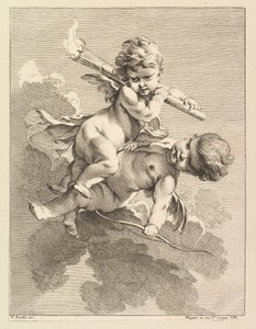 Kaksi Cupidoa, toinen kantaa taskulamppua, toinen jousi, 1727-60.