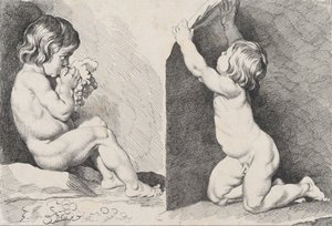 Kaksi alastomaa lasta syömässä viinirypäleitä, Uudesta lastenkirjasta, 1720-60.