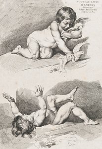 Kaksi alastomaa lasta leikkimässä lehdellä, Uudesta lastenkirjasta, 1720-60.