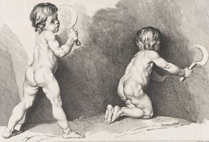 Kaksi alaston lasta seisomassa, New Book of Children, 1720-60.