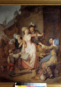 Viettely Mies viettelee nuoren naisen tarjoamalla hänelle kukkakimpun, toinen nainen näyttää varoittavan häntä. Pierre-Alexandre Willen maalaus Wille Filsissä (1748-1821). 1778. Pariisi, Koristetaiteen museo