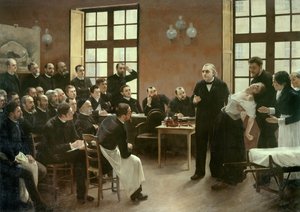 Tohtori Charcotin kliininen luento Salpetrieressa vuonna 1887. Professori Jean Martin Charcotin (1825-1893) laitoksen opiskelijat, joka selittää Blanche Wittmanin tapausta, hänen potilaansa ja marsua, joka suosii hysteriatutkimuksessaan. Hän oli apulainen