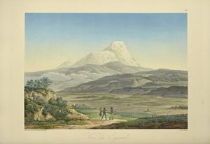 Näkymä Cajambesta, kaiverrettu Bouquet, kuvitus Alexander von Humboldtin ja Aime Bonplandin teoksesta "Näkymät Cordilleraille ja Amerikan alkuperäiskansojen monumenteille" tekijältä Pierre Antoine (after) Marchais