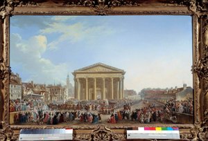 Uuden Saint Genevieven kirkon ensimmäisen kiven muurausseremonia 6.9.1764 lähellä Pantheonia Pierre Demachyn (1723-1807) maalaus 1765. Dim. 81 x 1,29 m Pariisi, museo Carnavalet - Uuden Pyhän Genevin kirkon ensimmäisen kiven muurausseremonia tekijältä Pierre Antoine Demachy