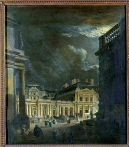 La Place du Palais Royal Pariisissa kuunvalossa Pierre Demachyn (1723-1807) maalaus 1700-luvun su. 0,39x0,34 m Pariisi, Musee Carnavalet tekijältä Pierre Antoine Demachy