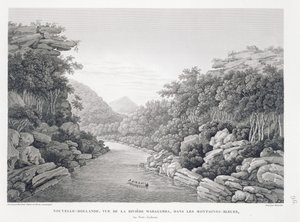 New Holland: Näkymä Warragamba-joelle Blue Mountainsissa, "Voyage Autour du Monde (1817-20)", Louis Claude De Saulces de Freycinet (1779-1842), kaiverrus Schroeder, julkaistu 1822-24 (li)
