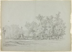 Näkymä Versaillesin puistoon: Versailles: Maisema, jossa muistopylväs ja puiden metsikkö. tekijältä Pierre Antoine Mongin