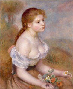 Nuori tyttö, jolla on päivänkakkarat tekijältä Pierre Auguste Renoir