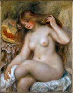 Blondi uimari. Alaston nainen, jolla on erittäin pitkät hiukset. Pierre Auguste Renoirin maalaus (Pierre-Auguste
