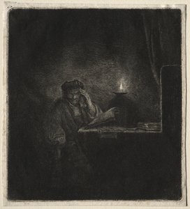 Kopio opiskelijasta pöydässä kynttilänvalossa tekijältä Pierre Auguste Renoir