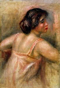 Kolmen vartin mittainen nainen. Hän on pukeutunut vaaleanpunaiseen haalariin ja pitää hiuksiaan ponnarissa. Pierre Auguste Renoirin (1841-1919) maalaus. Öljy kankaalle. Yksityiskokoelma.