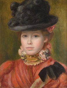 Tyttö mustassa hatussa punaisilla kukilla, c. 1890 tekijältä Pierre Auguste Renoir