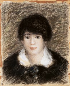 Nuori nainen, kasvokuvassa, musta mekko ja valkoinen kaulus. Pierre Auguste (Pierre-Auguste) Renoirin (1841-1919) piirros.