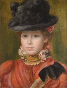Tyttö mustassa hatussa punaisilla kukilla - Renoirin Pierre Auguste (1841-1919) tyttö mustassa hatussa punaisilla kukilla. 1890 - Öljy kankaalle - Yksityinen kokoelma tekijältä Pierre-Auguste Renoir