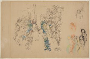 Maisema ja hahmot (kynä, muste, wc ja värikynä paperille) tekijältä Pierre Auguste Renoir