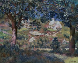 Maisema La Roche Guyonissa, n. 1887 (öljy kankaalle) tekijältä Pierre Auguste Renoir