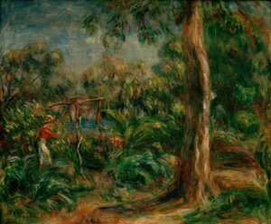 Iso puu. Nainen punainen pusero puutarhassa Ca tekijältä Pierre Auguste Renoir