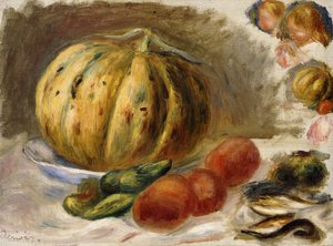Asetelma melonin ja tomaattien kanssa; Nature Morte au Melon et Tomates, n. 1900 tekijältä Pierre Auguste Renoir