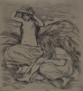 Kaksi naista uimassa, noin 1895 (etsaus ruskealle paperiarkille). tekijältä Pierre Auguste Renoir