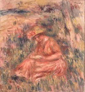Nainen istuu nurmikolla tekijältä Pierre Auguste Renoir