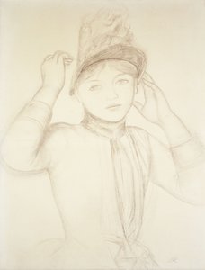 Nuori nainen järjestämässä hattuaan; Nuori tyttö järjestämässä hattuaan, n. 1885 tekijältä Pierre Auguste Renoir