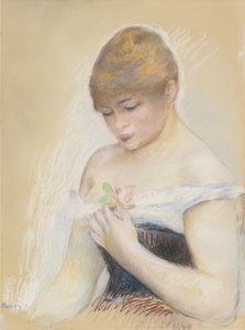 Nuori nainen, jolla on kukka. Näyttelijä Jeanne Samaryn muotokuva, n. 1880 tekijältä Pierre Auguste Renoir