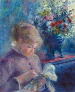 Nuori nainen ompelemassa tekijältä Pierre Auguste Renoir