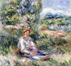 Nuori nainen istuu niityllä, tekijältä Pierre Auguste Renoir