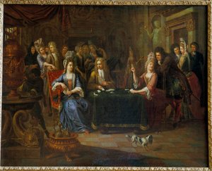 Aatelisten korttipelaajat pelaavat korttia olohuoneessa. Pierre Bergaignen (1652-1708) maalaus 1699 Arras, Musee Des Beaux Arts tekijältä Pierre Bergaigne