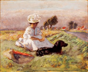 Madame Bonnard Taiteilijan vaimo istuu taistelussa koiransa kanssa. Pierre Bonnardin maalaus tekijältä Pierre Bonnard