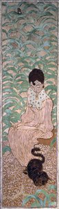 Istuva nainen kissan kanssa, yksi neljästä Naiset puutarhassa -paneelista, 1891 (öljy paperille kankaalle) tekijältä Pierre Bonnard