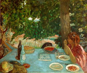 Kirsikkapiirakka Nuori nainen istuu on pöytä puutarhassa. Pierre Bonnardin (1867-1947) maalaus 1908 Dim. 115x126 cm Zürich, kokoelma Peter Nathan tekijältä Pierre Bonnard