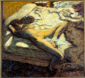 Laiska alaston nuori nainen makaa sängyllä. Pierre Bonnardin (1867-1947) maalaus 1899 Su. 0,96x1,06 m Pariisi, musee d