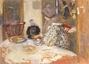 Nainen koiran kanssa pöydässä (öljy aluksella) tekijältä Pierre Bonnard