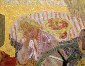 Nuoret naiset puutarhassa tai raidallinen pöytäliinamaalaus Pierre Bonnard (1867-1947) 1921-1923 Yksityinen kokoelma tekijältä Pierre Bonnard