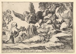 Enkelit antavat hedelmää nukkuvalle pyhälle perheelle, 1610-42. tekijältä Pierre Brebiette