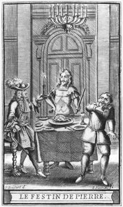 Don Juan and the Commendatore, etuosan kuvitus Molieren teoksesta "Don Juan tai Le Festin de Pierre", kaiverrus Jean Sauve (fl.1660-91) painos 1682